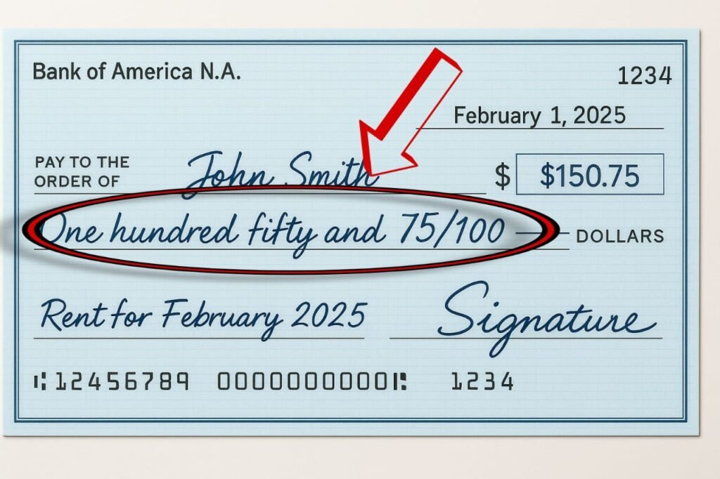Example of writing amount in words on check