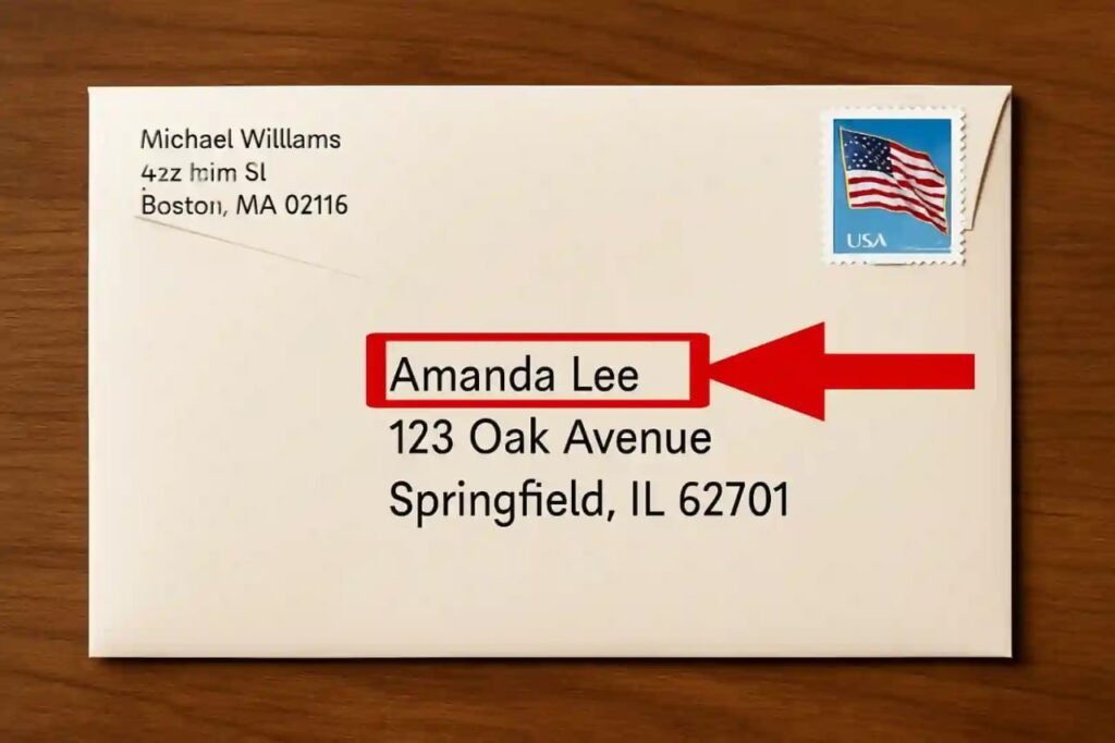 Receiver's name written in the center showing how to properly address an envelope