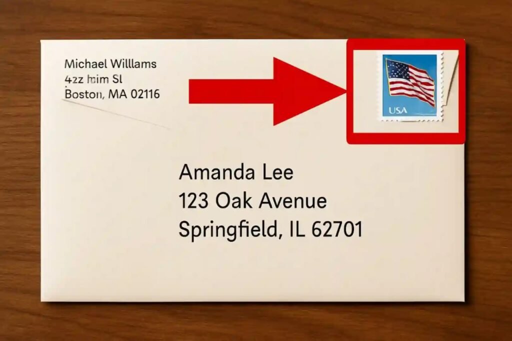 A postage stamp placed properly on an envelope format for addressing an envelope