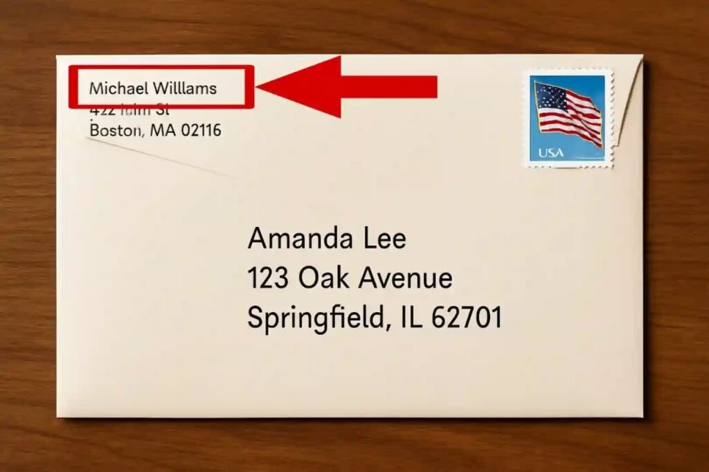 Sender’s name written on the envelope template in the top left corner showing how to address an envelope