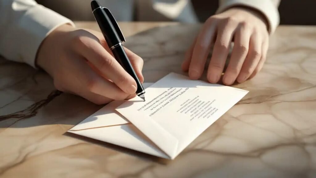 A person writing on an envelope format, showing how to address an envelope clearly