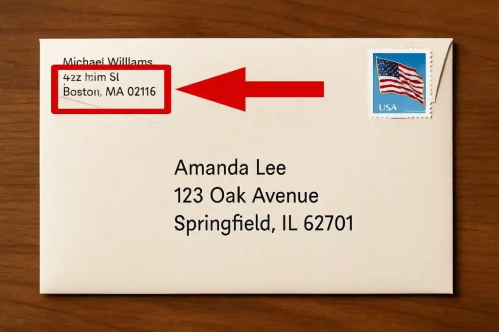 Sender’s address written on the envelope showing how to write address in an envelope format